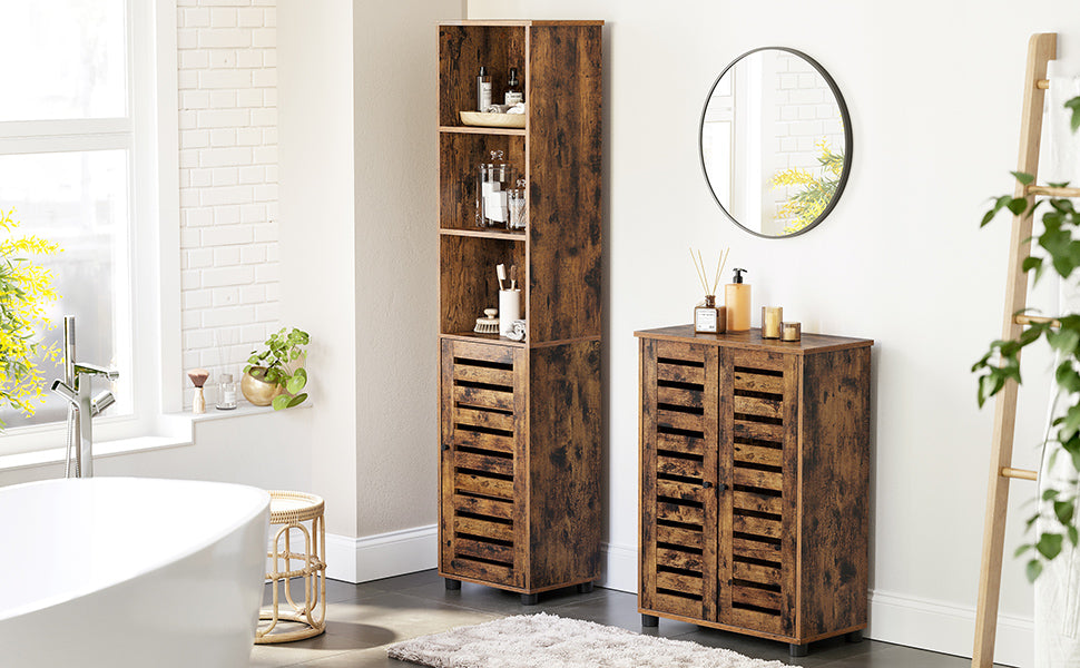 VASAGLE Dulap de baie, cu 3 compartimente deschise si spatiu de depozitare cu usa, 40x30x167cm, maro vintage