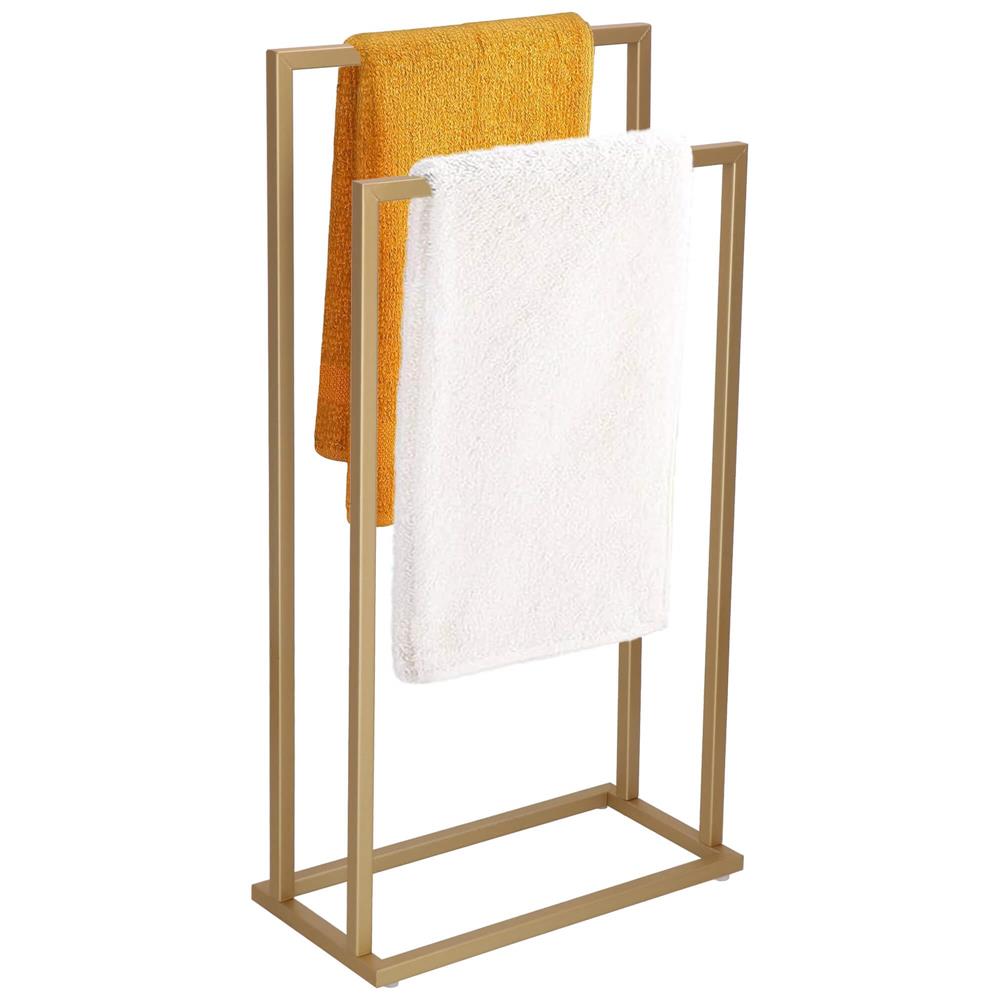 Suport metalic de baie pentru prosoape, cu 2 standuri, 86 cm, auriu mat