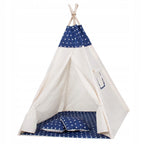 Cort copii  stil indian Teepee Tent cu fereastra, covoras gros si 2 perne, alb albastru inchis cu stelute
