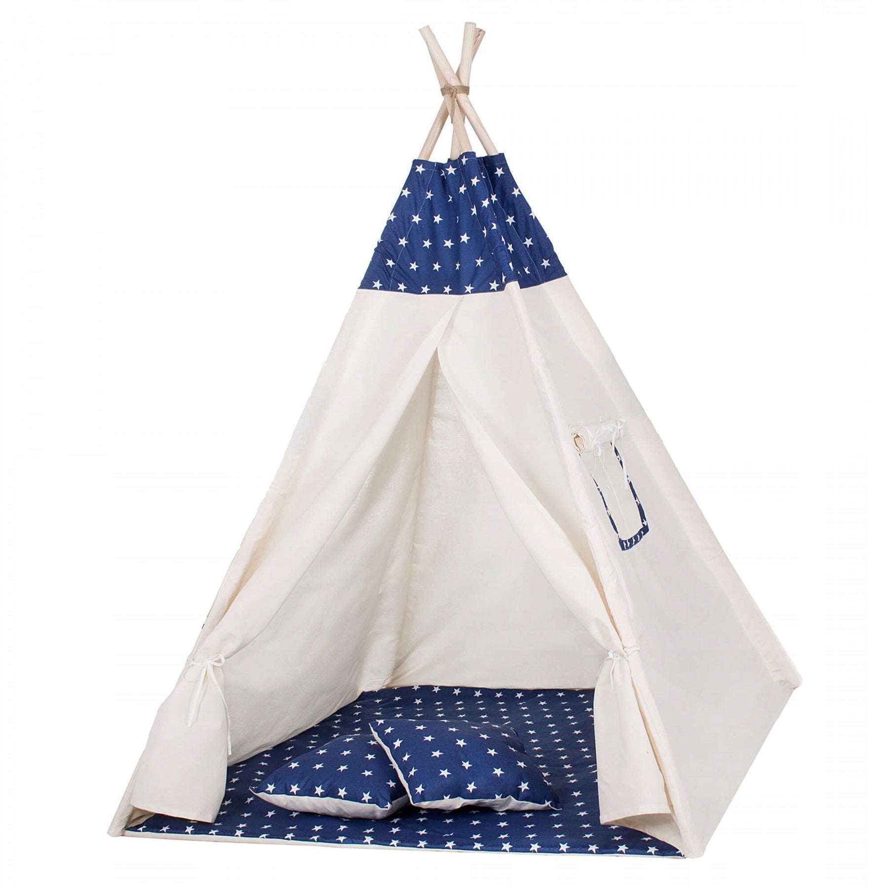 Cort copii  stil indian Teepee Tent cu fereastra, covoras gros si 2 perne, alb albastru inchis cu stelute