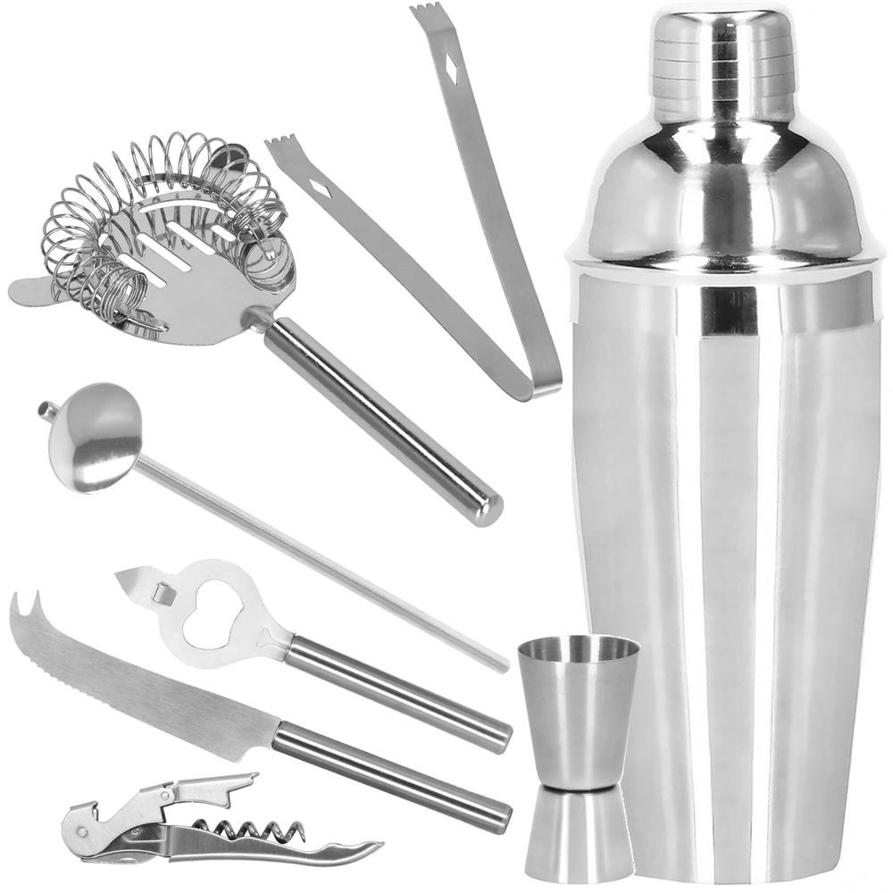 Set Cocktail Shaker Kit pentru barmani 550ml, KI22, suport bambus, 9 piese