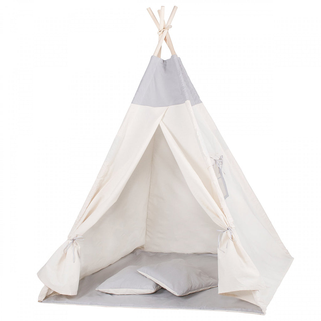 Cort copii  stil indian Teepee Tent cu fereastra, covoras gros si 2 perne, alb gri monocrom