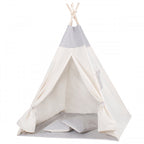 Cort copii  stil indian Teepee Tent cu fereastra, covoras gros si 2 perne, alb gri monocrom