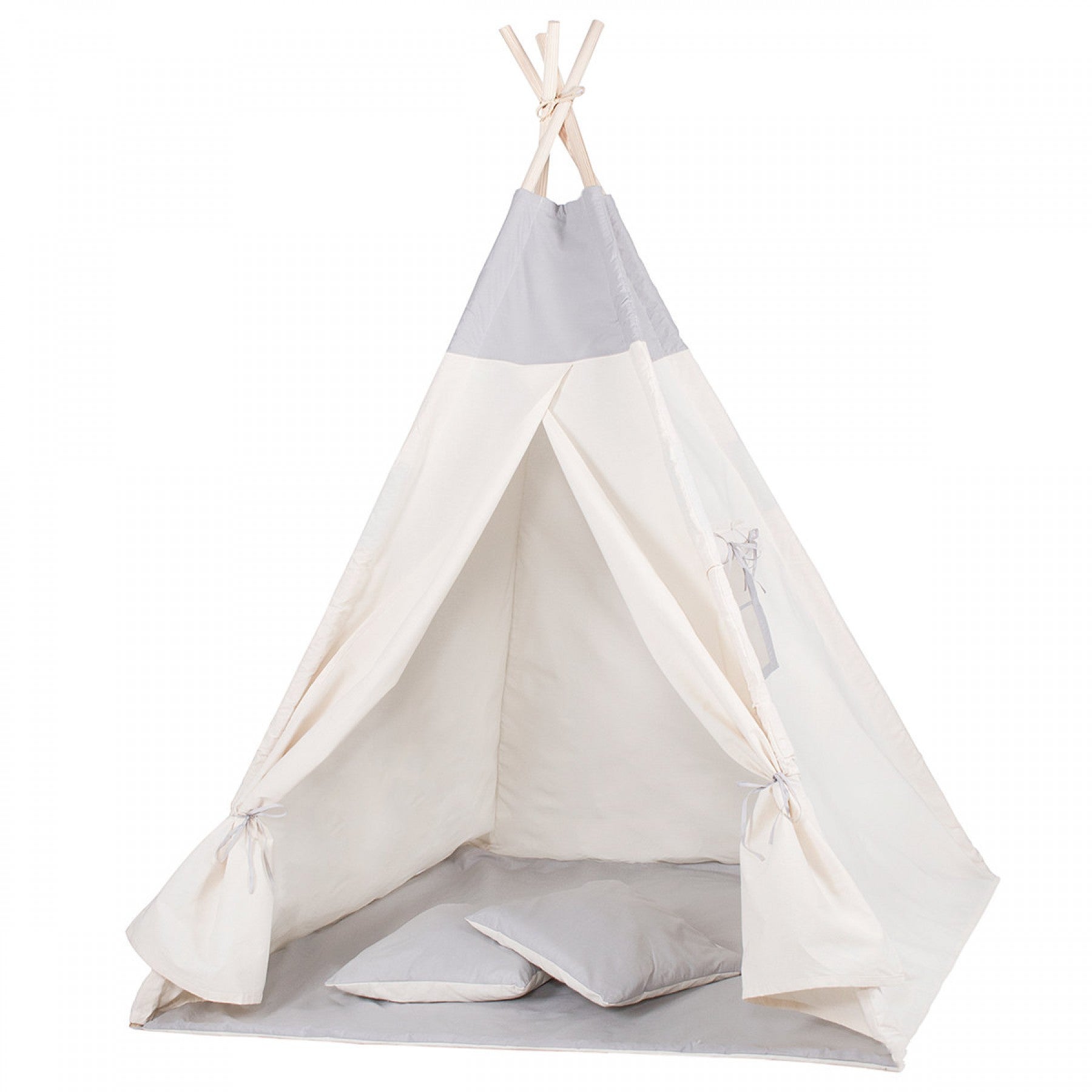 Cort copii  stil indian Teepee Tent cu fereastra, covoras gros si 2 perne, alb gri monocrom