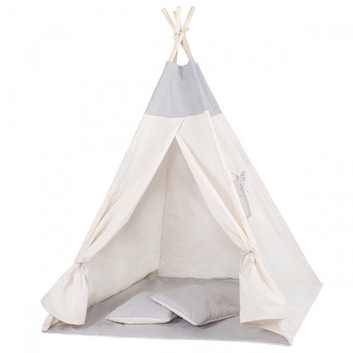 Cort copii  stil indian Teepee Tent cu fereastra, covoras gros si 2 perne, alb gri monocrom