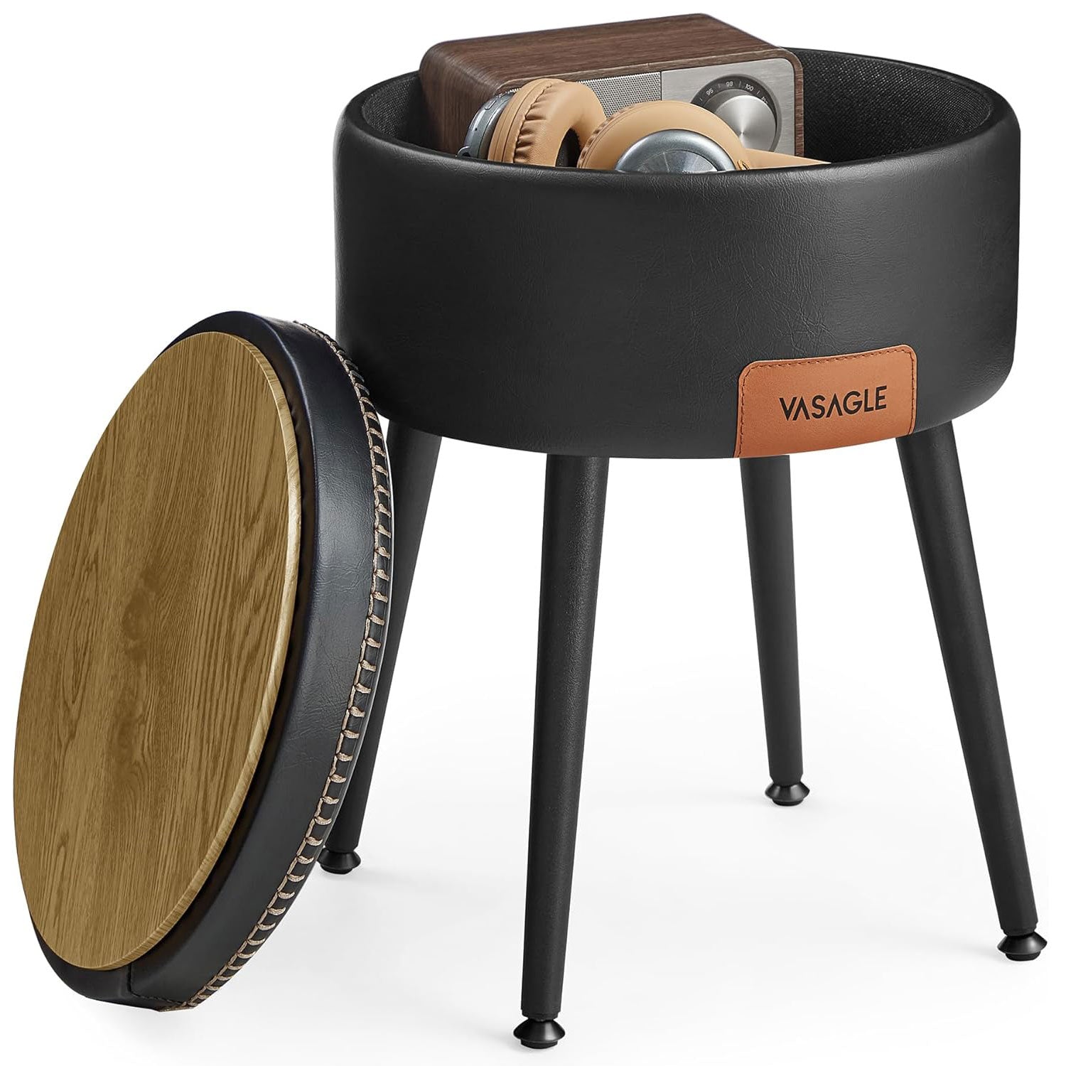 VASAGLE Taburet cu spatiu de depozitare, tapitat PU, cu 2 fete, diametru 32 cm, negru