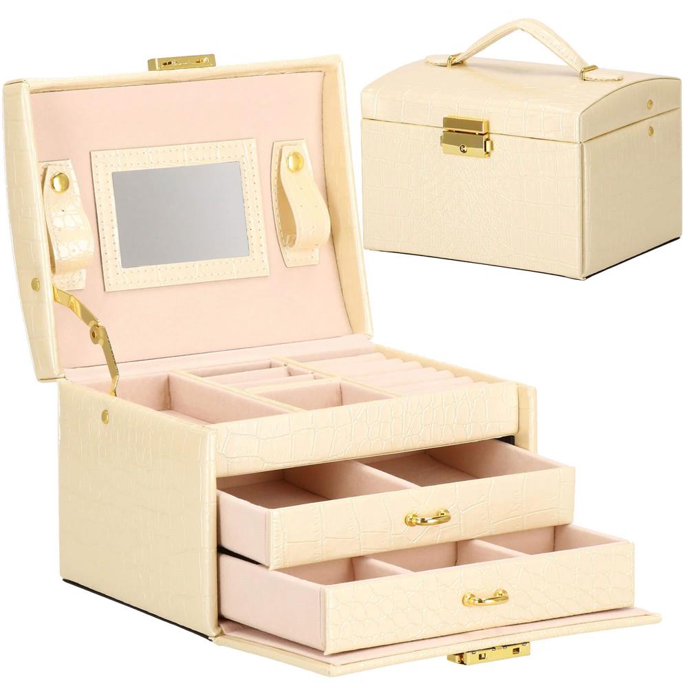 (DL) Cutie depozitare si organizare bijuterii, MDF, piele ecologica si velur, 17,5 x 14 x 12,5cm, crem