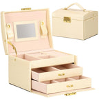 (DL) Cutie depozitare si organizare bijuterii, MDF, piele ecologica si velur, 17,5 x 14 x 12,5cm, crem
