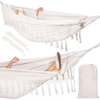 Hamac doua persoane cu franjuri si 2 perne, 200kg, 200×150 cm, bej