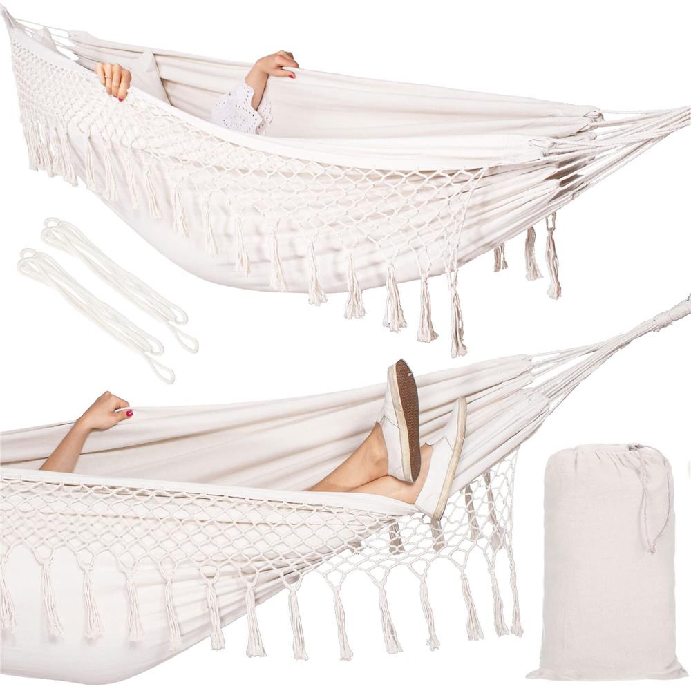 Hamac doua persoane cu franjuri si 2 perne, 200kg, 200×150 cm, bej