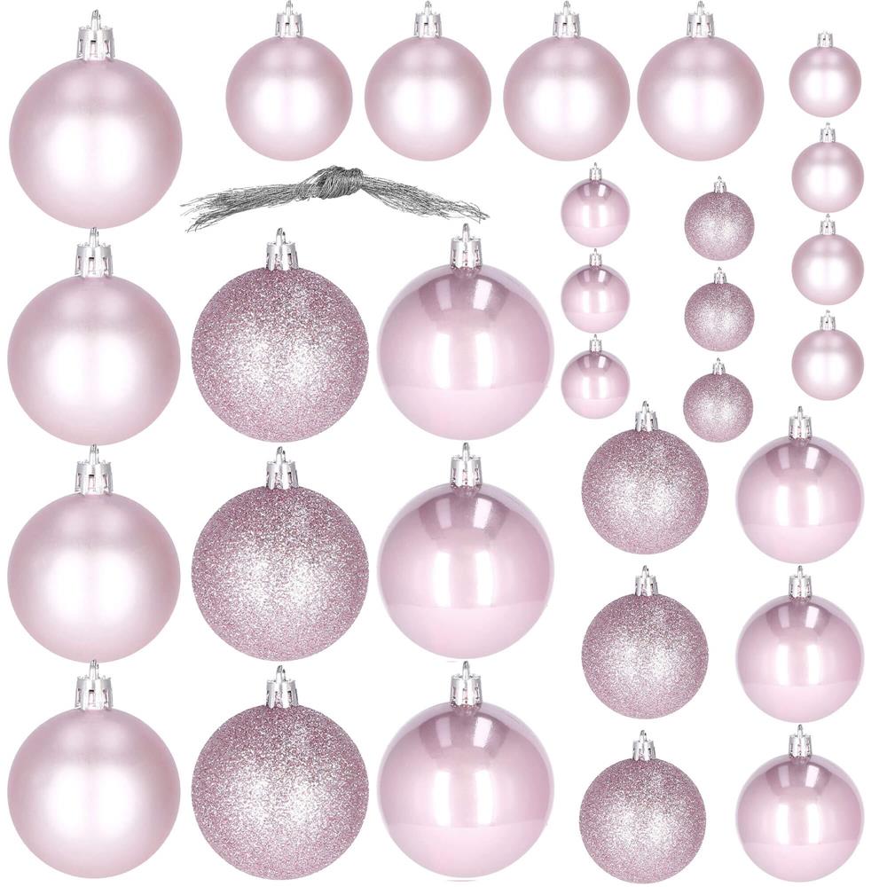 Set globuri de Craciun, 30 bucati, 3 modele, 4/5/6cm, roz