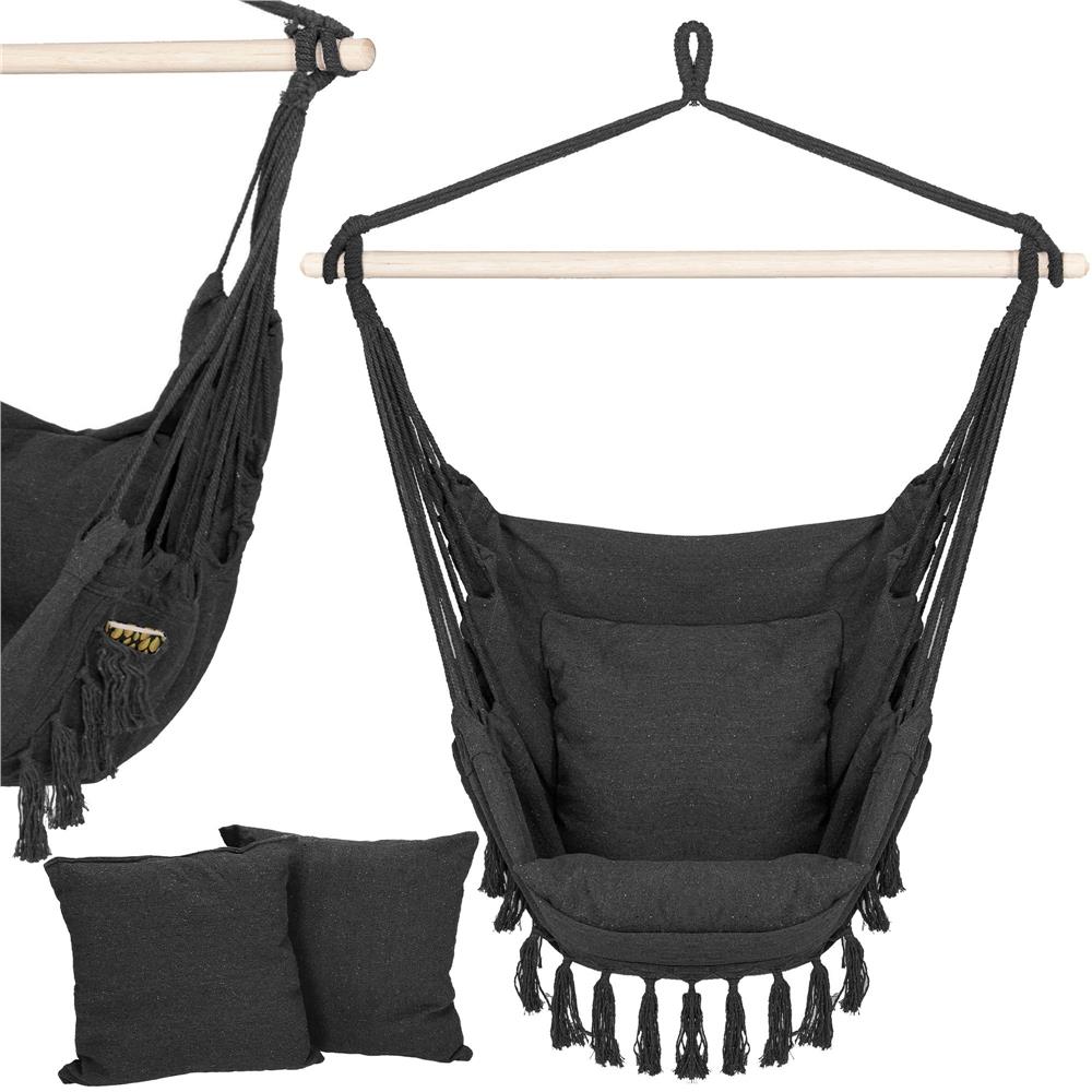 Hamac tip leagan suspendat pentru casa sau gradina, cu perne, 130x100cm, 150kg, gri inchis