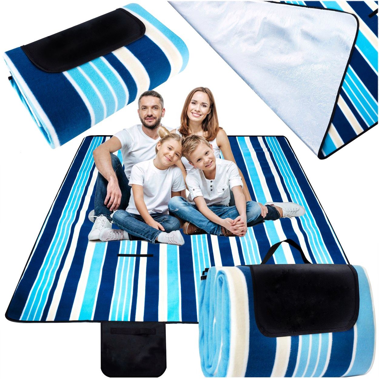 Patura pentru picnic sau plaja, cu folie izolatoare si maner, 200x200cm, alb albastru