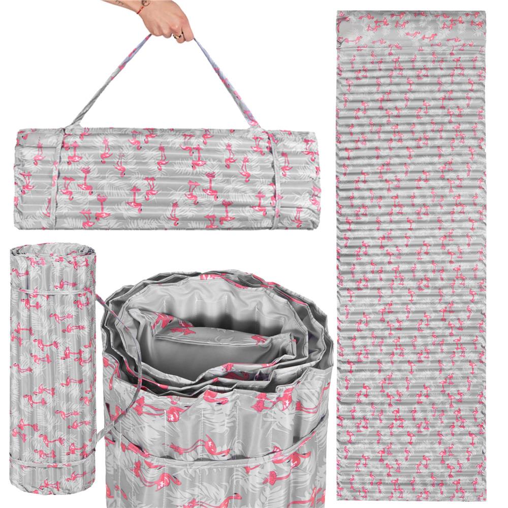 Saltea pentru plaja pliabila, din spuma, ultra-usoara, cu perna si maner de transport, 60x180cm, gri flamingo roz