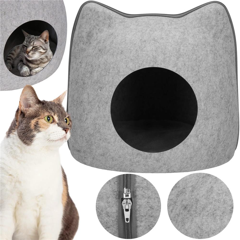 Patut pisici si caini, moale si pufos, antiderapant, perna detasabila, 38x36x36 cm, gri