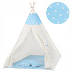 Cort copii  stil indian Teepee Tent cu fereastra, covoras gros si 2 perne, alb albastru