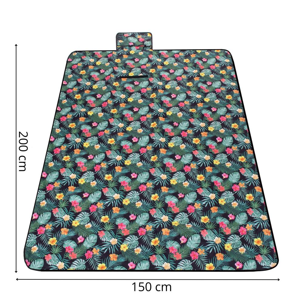 Patura pentru picnic sau plaja, cu folie izolatoare si maner, 200x200cm, negru floral