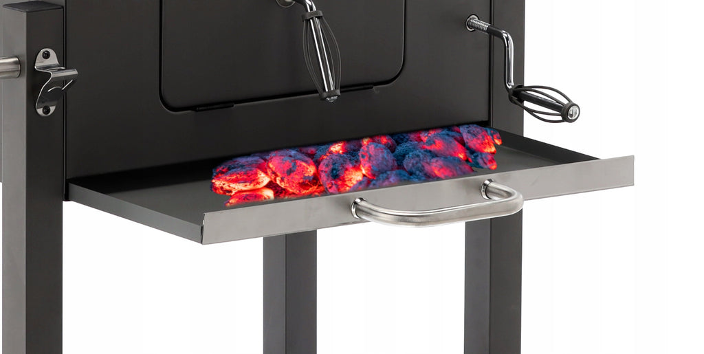 Gratar dreptunghiular pe carbuni, cu suport lateral si termometru capac, 115x60x108cm