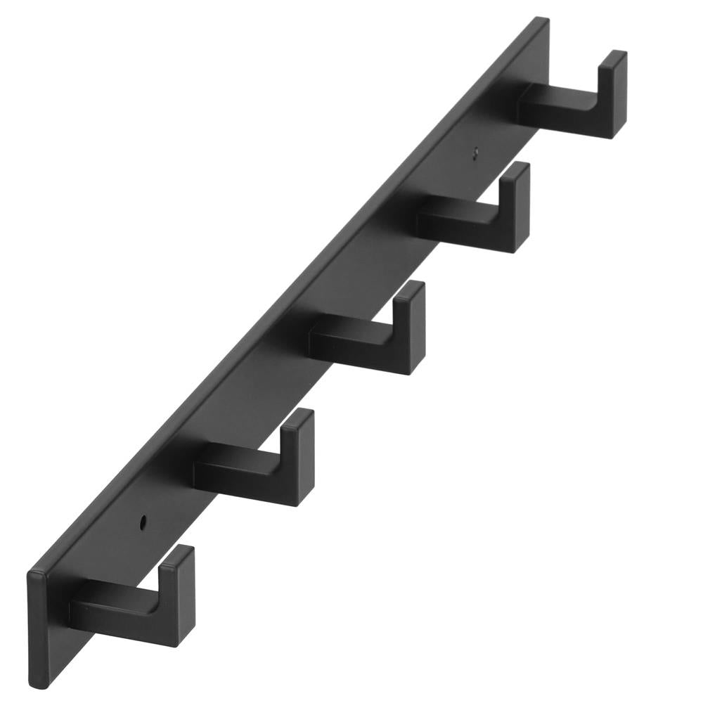 Cuier de baie pentru prosoape cu 2 sisteme instalare, aluminiu, 5 agatatori, 45x4cm, negru