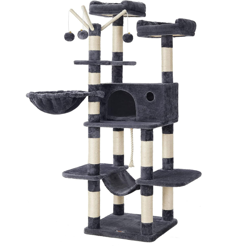 FEANDREA Ansamblu de joaca pisici, tip copac, 3 culcusuri, ascunzatoare, hamac, 50x50x164 cm, gri