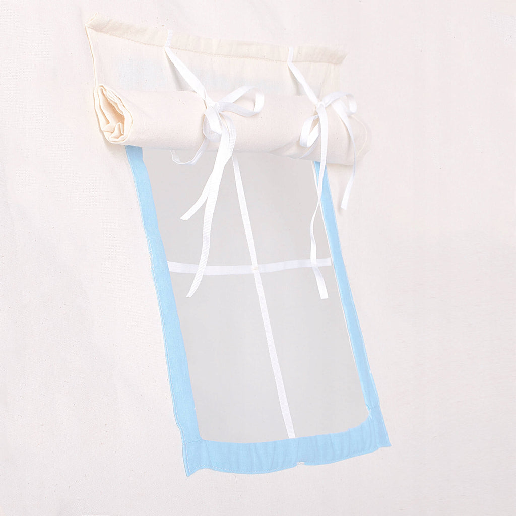 Cort copii  stil indian Teepee Tent cu fereastra, covoras gros si 2 perne, alb albastru