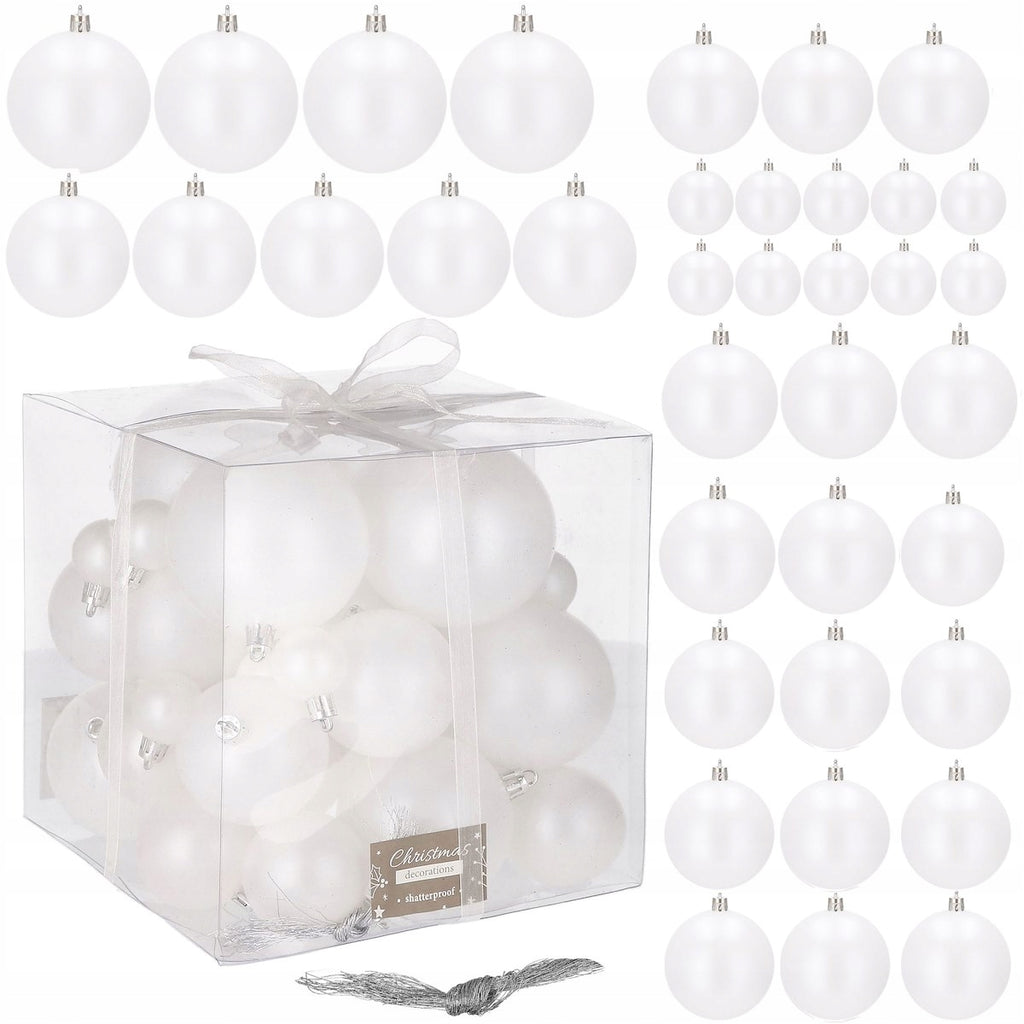 Set globuri de Craciun, 37 bucati, 3-8cm, alb perla
