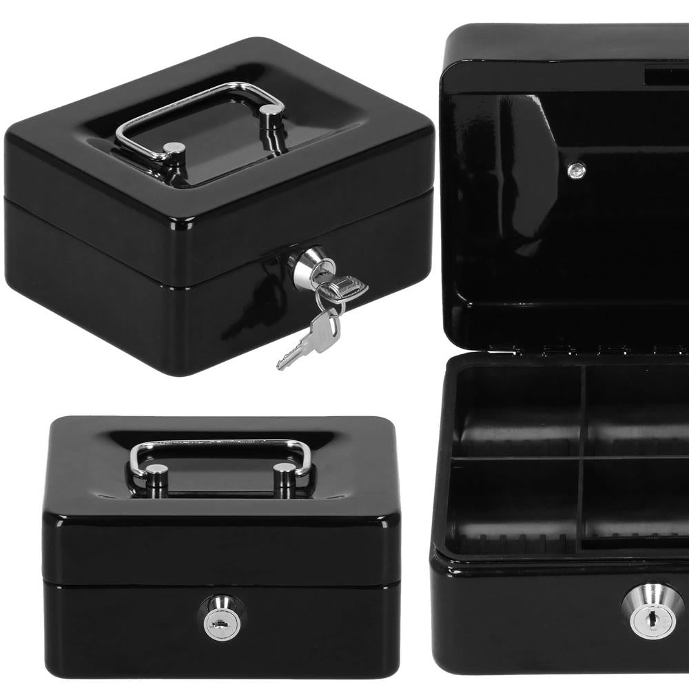 Caseta pentru bani tip cutie de valori, compartimentanta, cu cheie, metal, 15x12x8cm, negru