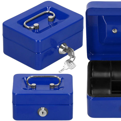 Caseta pentru bani tip cutie de valori, compartimentanta, cu cheie, metal, 12.5x9.5x6.5cm, albastru
