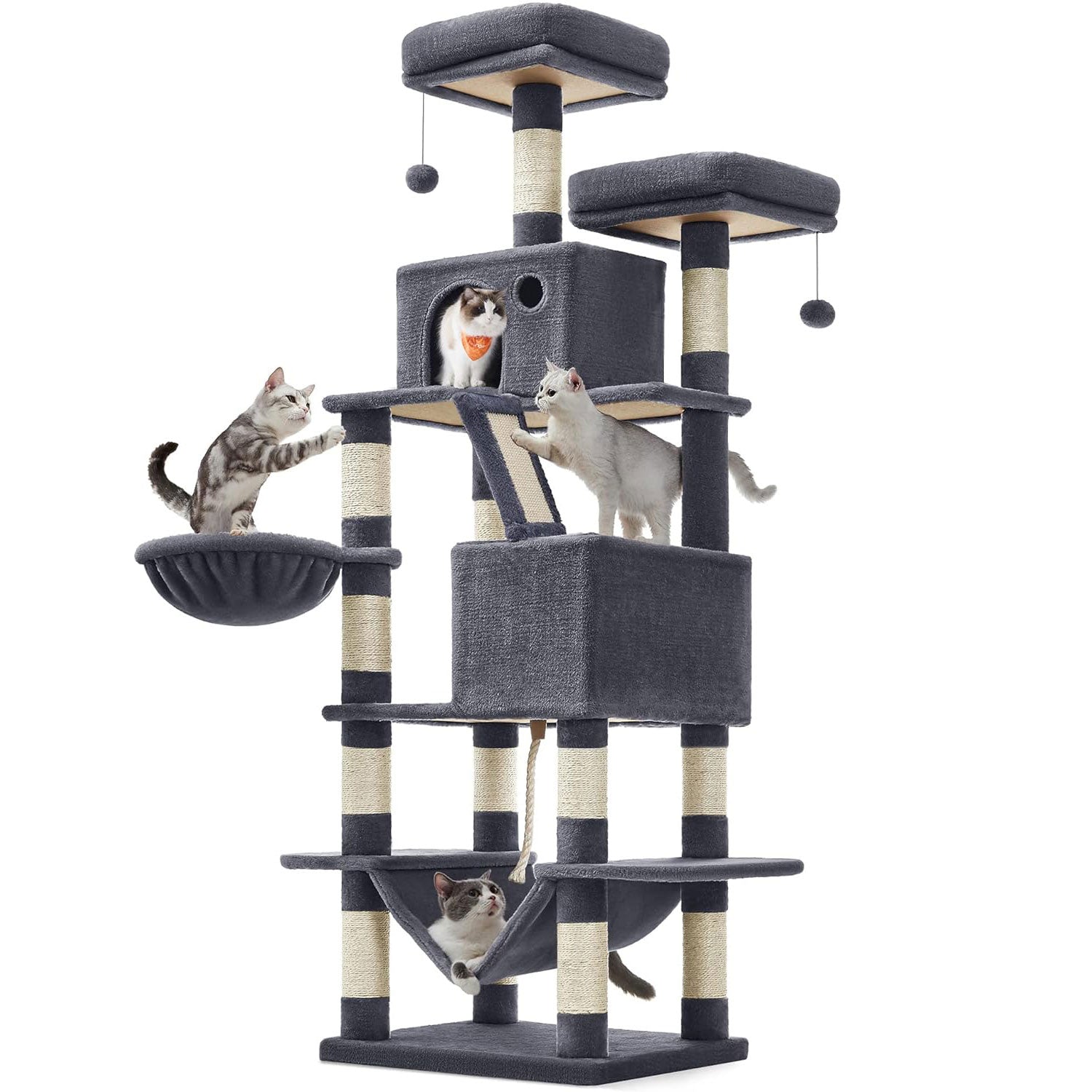 FEANDREA Ansamblu de joaca pisici, tip copac, XXL, loc pentru 6 pisici, 55x45x168 cm, gri inchis