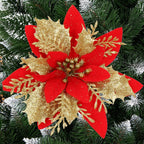 Set 10 ornamente pentru bradul de Craciun, stea Poinsettia, 14cm, rosu auriu