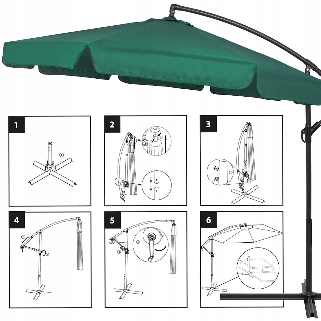 Umbrela de gradina cu brat lateral banana, cu husa, 300cm, verde