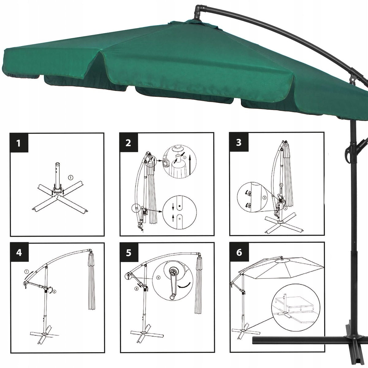 Umbrela de gradina cu brat lateral banana, cu husa, 300cm, verde