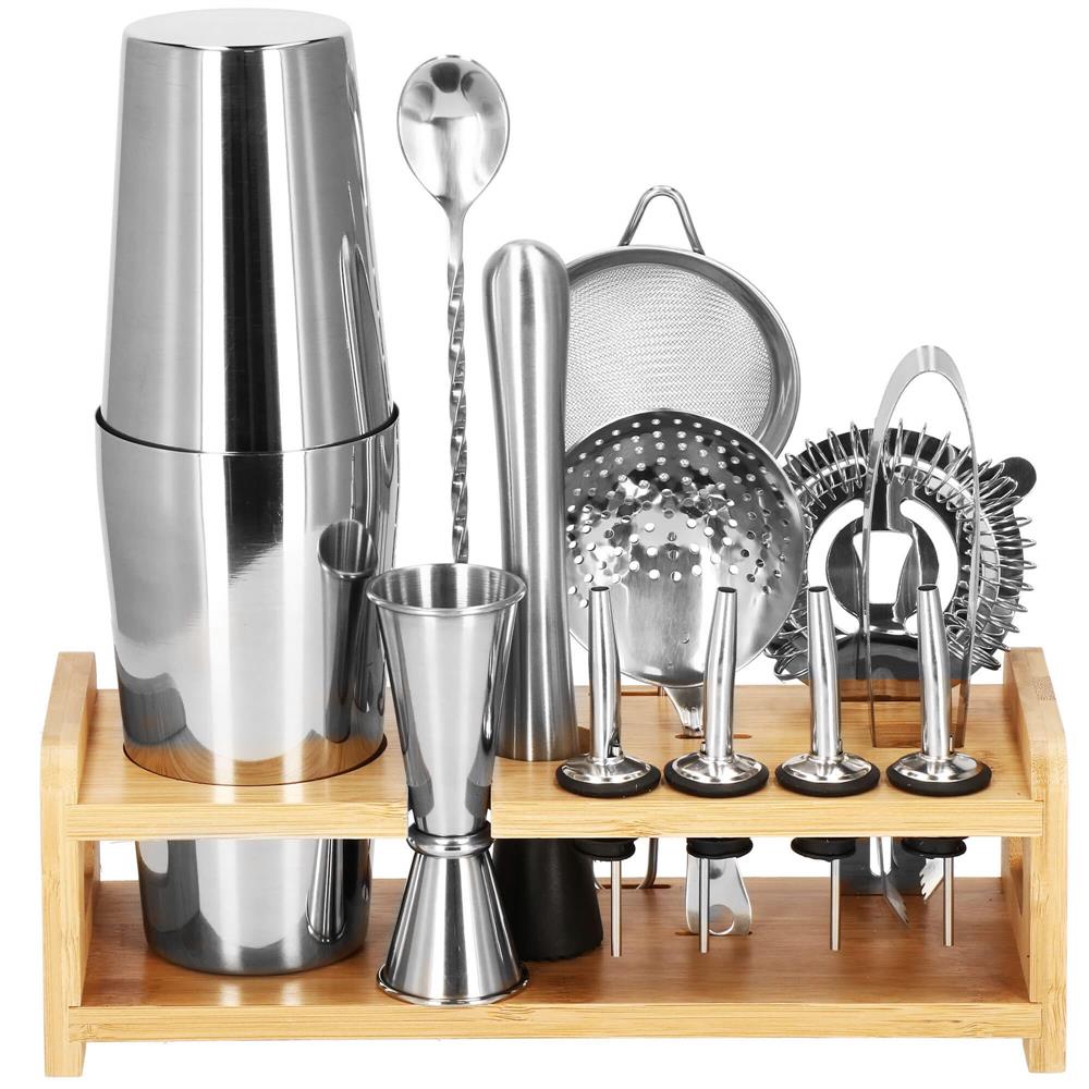 Set Cocktail Shaker Kit pentru barmani 750ml, KI11, suport bambus, 14 piese
