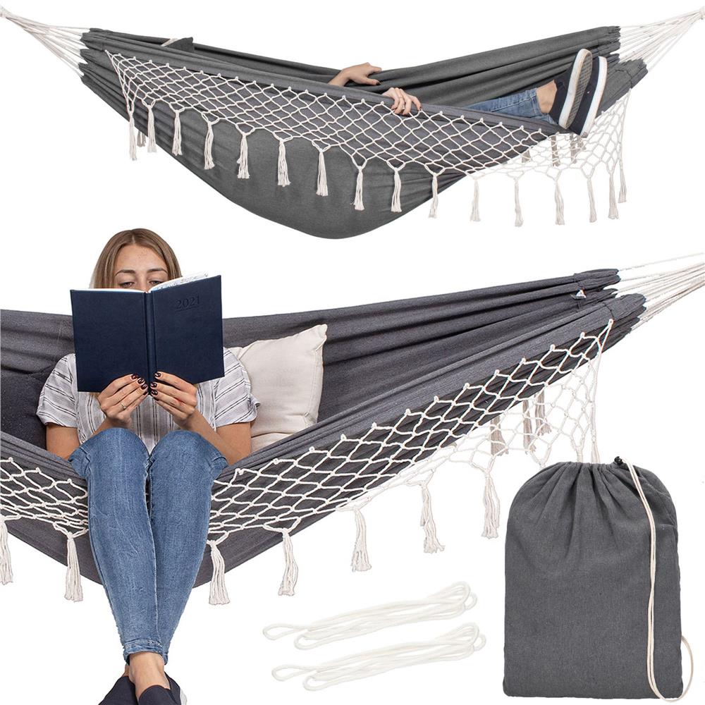 Hamac doua persoane cu franjuri si 2 perne, 200kg, 200×150 cm, gri inchis