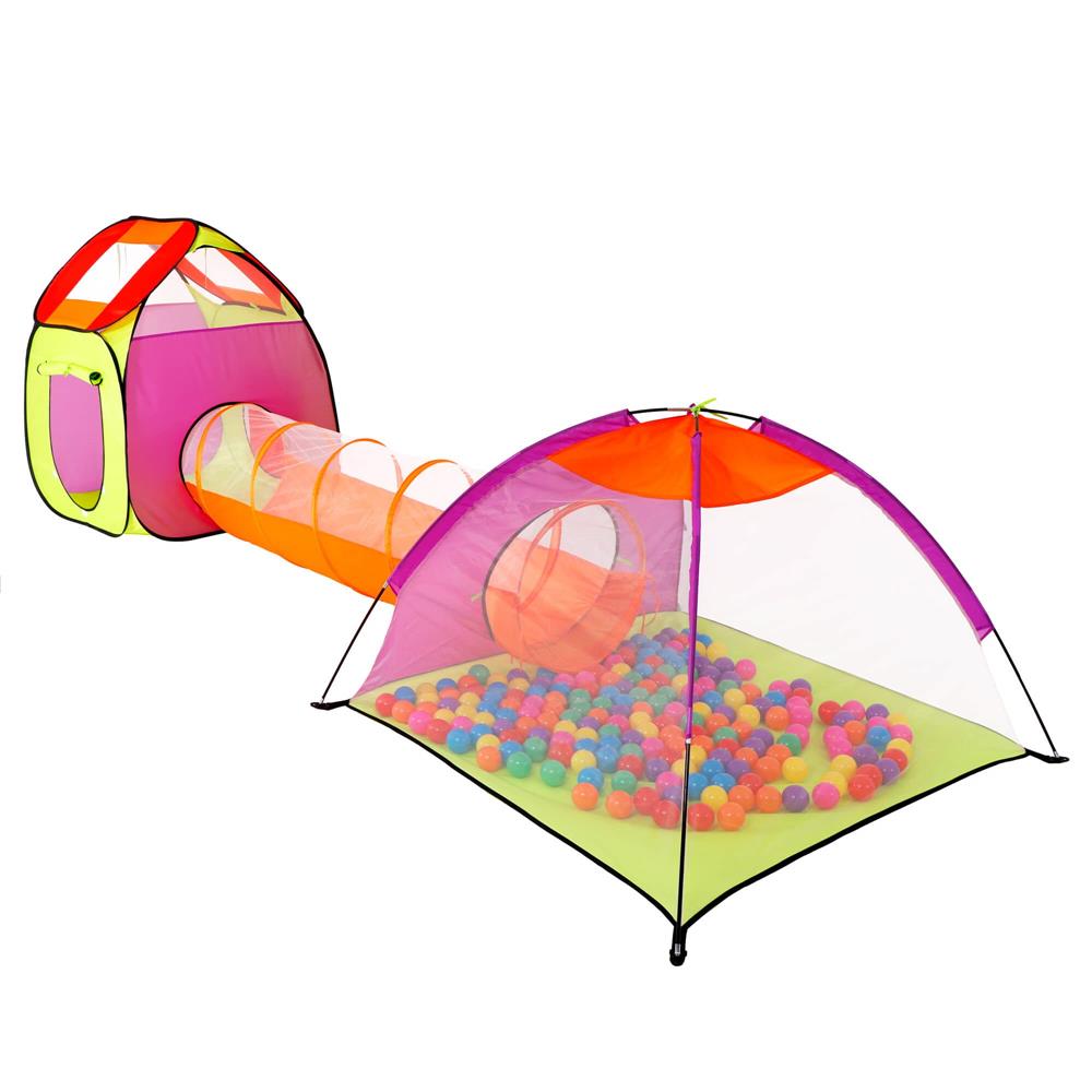 Loc de joaca 3 in 1 pentru copii, multifunctional, casuta, tunel si cort, 385x120x115cm, multicolor