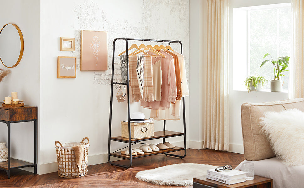 VASAGLE Raft pentru haine cu suport pentru pantofi, 2 polite, 6 carlige laterale, 45x100x160cm, maro rustic