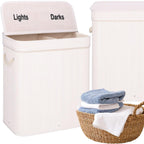 Cos de rufe din bambus cu capac, 2 compartimente, sac detasabil, volum 100L, 54x35x60cm, alb