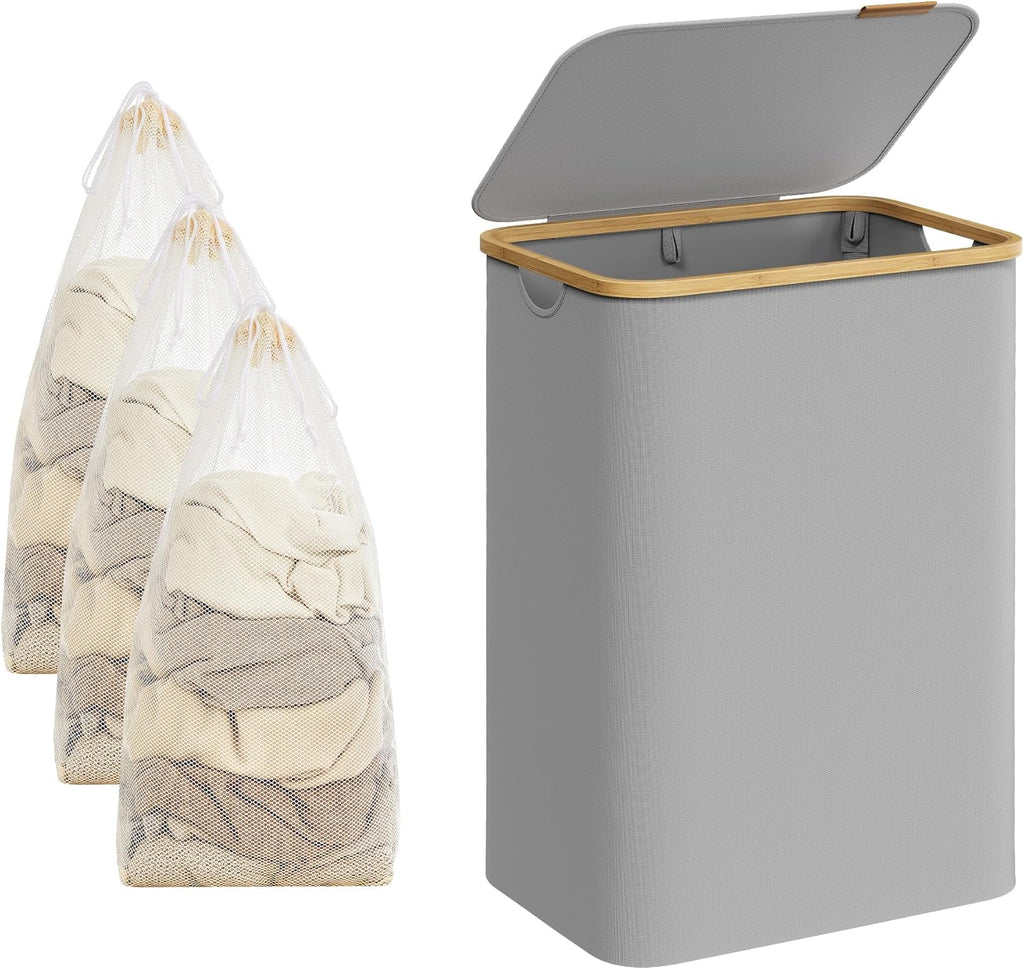 SONGMICS Cos de rufe textil, pliabil, cu 2 compartimente detasabile, 130L, 52x39x71 cm, gri