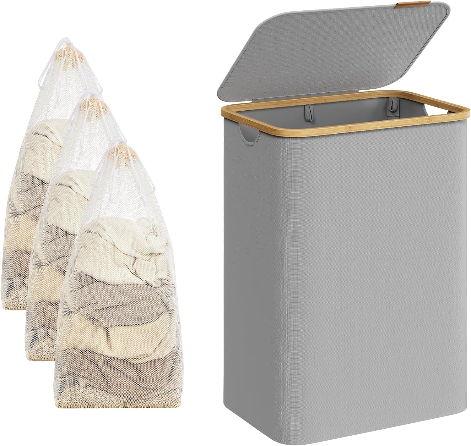 SONGMICS Cos de rufe textil, pliabil, cu 2 compartimente detasabile, 130L, 52x39x71 cm, gri