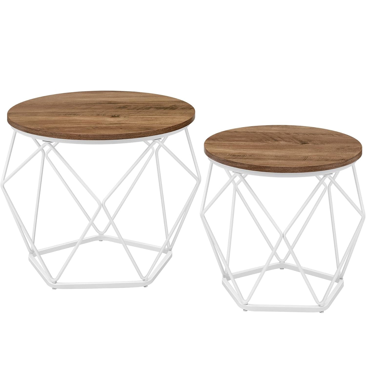 VASAGLE Set de 2 mese de cafea rotunde, cadru otel si blat detasabil, 40cm si 50cm, alb si maro