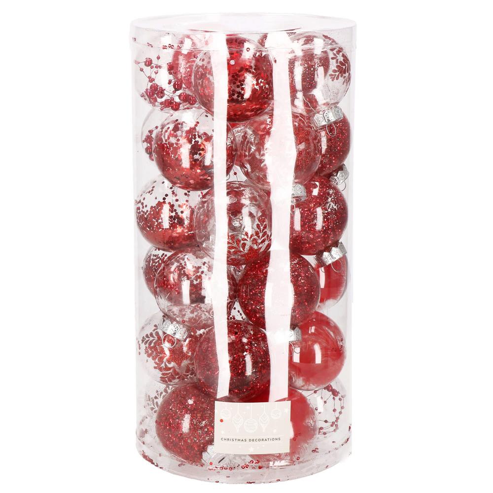 Set globuri de Craciun Inedit, 30 bucati, 7cm, transparente si rosu
