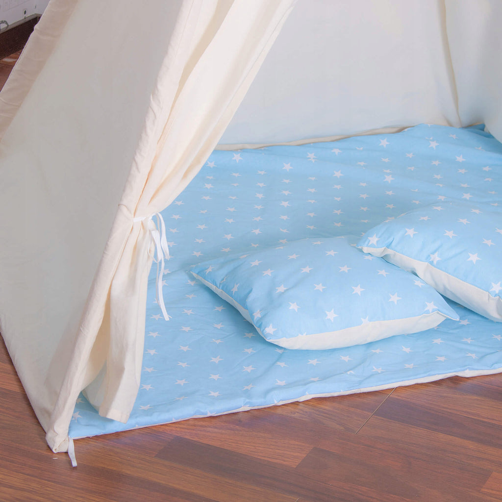 Cort copii  stil indian Teepee Tent cu fereastra, covoras gros si 2 perne, alb albastru