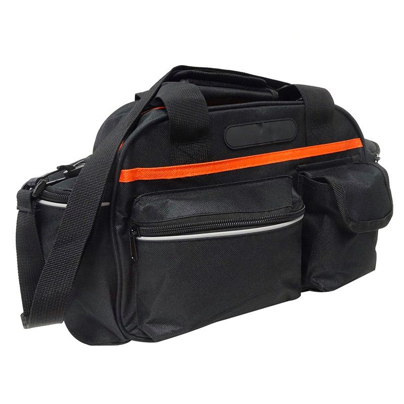 Geanta portbagaj bicicleta, 3 compartimente si 5 buzunare laterale, 45x20x22cm, negru cu elemente reflectorizante portocalii