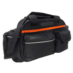 Geanta portbagaj bicicleta, 3 compartimente si 5 buzunare laterale, 45x20x22cm, negru cu elemente reflectorizante portocalii