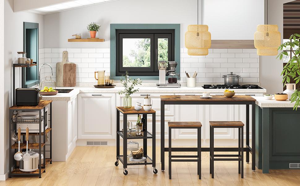 VASAGLE Set masa de bar cu 2 scaune, cadru din otel, blat lemn, stil industrial, 120x60x90cm, maro rustic