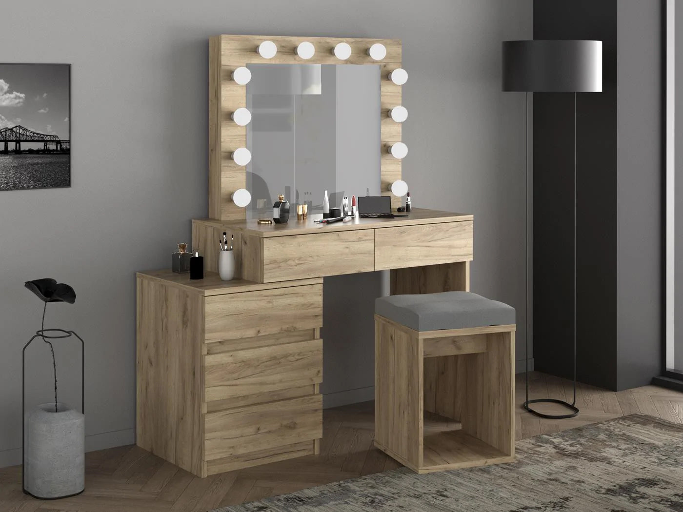 Masa de toaleta si machiaj Adele cu 5 sertare si oglinda 12 LED, 113x47x142 cm, craft