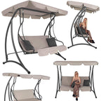 Leagan de gradina 190x115x176 cm, pentru 3 persoane, copertina reglabila, perne incluse, cadru otel si material impermeabil, bej