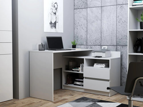 Birou colt Delta 120x50x75 cm cu comoda 100x42x72 cm, 2 sertare, montaj stanga/dreapta, alb
