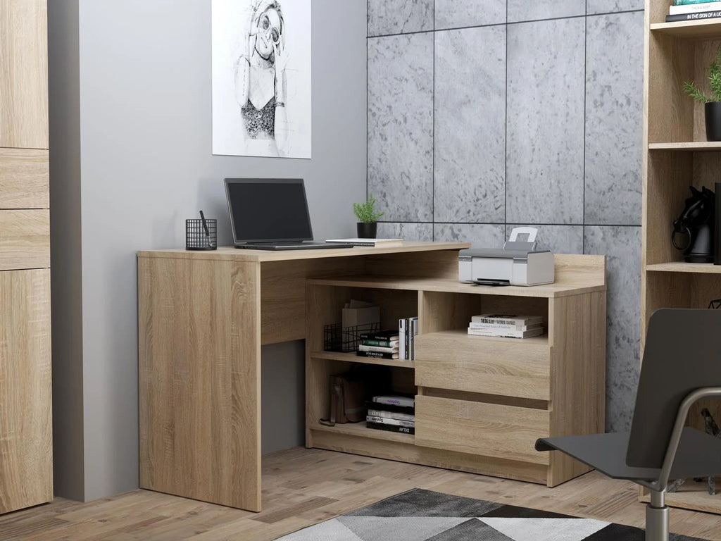 Birou colt Delta 120x50x75 cm cu comoda 100x42x72 cm, 2 sertare, montaj stanga/dreapta, sonoma