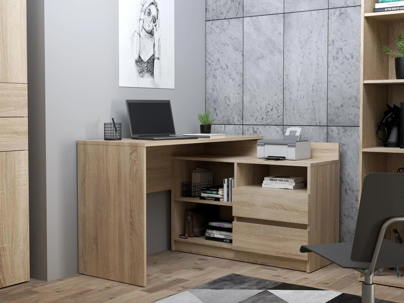 Birou colt Delta 120x50x75 cm cu comoda 100x42x72 cm, 2 sertare, montaj stanga/dreapta, sonoma